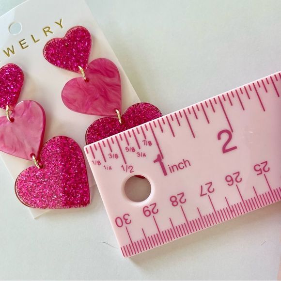 Hot Pink, Acrylic Sparkle Heart, 3 Tiered,  Pierced Earrings, 2 1/2” drop, NWT - Picture 3 of 4